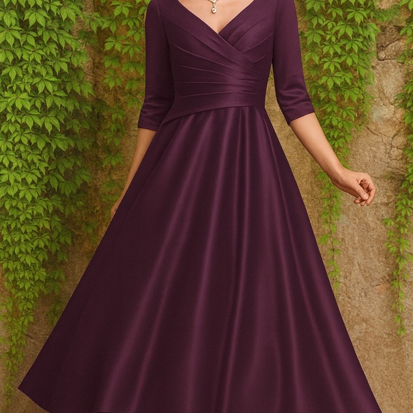 JJs House Dresses & Skirts - NWT JJ'S HOUSE Grape A-Line Tea-Length Satin Mother of the Bride Gown, 2…